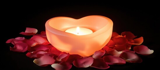 Poster - Heart-shaped candle in translucent holder surrounded by pink rose petals on dark background with Copy Space.