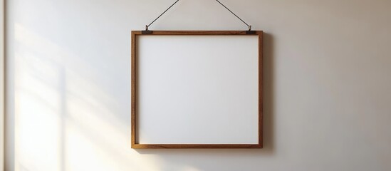 Poster - Empty wooden picture frame with rope hanging on a light wall Copy Space