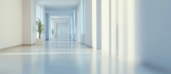 Poster - Modern interior hallway with natural light, empty space and potted plants, suitable for minimalist design, Copy Space
