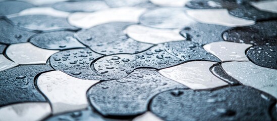 Poster - Wet decorative floor tiles with a curved pattern and water droplets on the surface showcasing textures and colors Copy Space