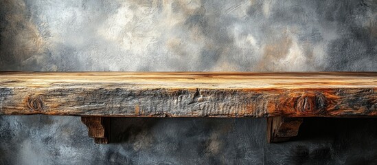 Poster - Rustic wooden shelf with textured gray wall background ideal for displaying items and decor with copy space for text insertion