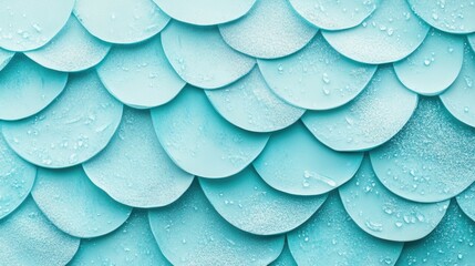 Poster - Blue textured surface with overlapping circular scales and water droplets creating a fresh and vibrant pattern. Copy Space.