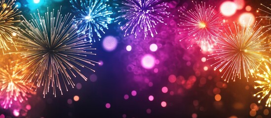 Poster - Colorful fireworks on a dark background with bokeh lights creating a festive atmosphere copy space