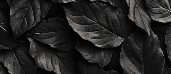 Poster - Black and white image of overlapping textured leaves creating a natural pattern ideal for backgrounds and design use Copy Space