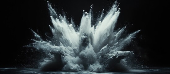 Poster - White powder explosion on black background creating dynamic cloud-like formation with high contrast and fluid shapes Copy Space