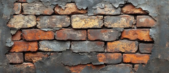 Poster - Grunge textured brick wall with peeling paint and rust spots creating an aged appearance, ideal for background use and design projects