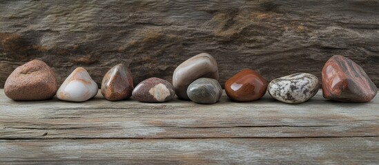 Poster - Assorted polished stones lined up on rustic wooden surface with natural textures and colors Copy Space