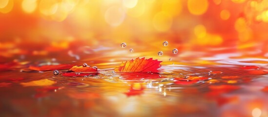Poster - autumn leaves floating on water with splashes and bokeh background in warm colors copy space