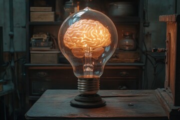 Poster - A glowing brain design inside a light bulb sits on a wooden surface, casting light in a dark setting, blending science and art effectively