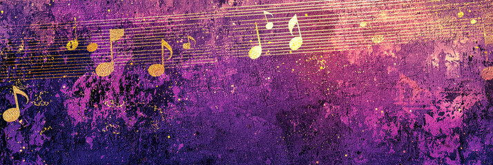 Aufkleber - Colorful musical notes float across a rich purple background adorned with a textured pattern, creating an energetic and artistic ambiance at dusk