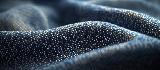 Poster - Close-up view of textured blue denim fabric with intricate weaving patterns and soft folds suitable for textile design. Copy Space