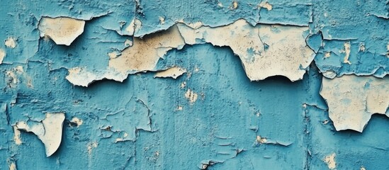 Poster - Peeling paint on textured blue wall with cracked layers creating abstract pattern and copy space for text placement