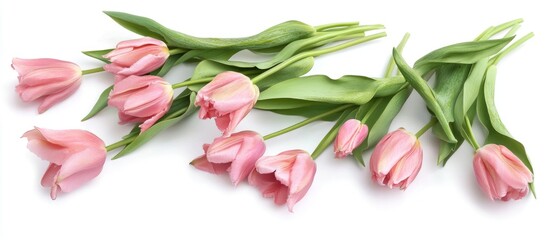 Poster - Pink tulips with green leaves arranged artistically on a white background Copy Space