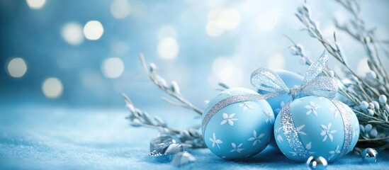 Poster - Blue Easter eggs with floral designs and silver ribbons on soft blue background with bokeh effect and decorative branches Copy Space