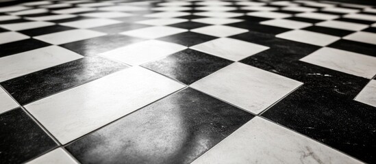 Poster - black and white checkered floor tiles with reflections and glossy surface in a well-lit environment 