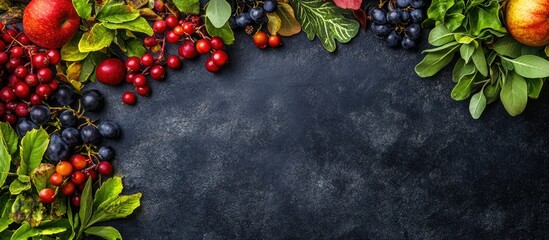 Poster - Colorful arrangement of autumn fruits and leaves on dark stone background with space for text. Copy Space