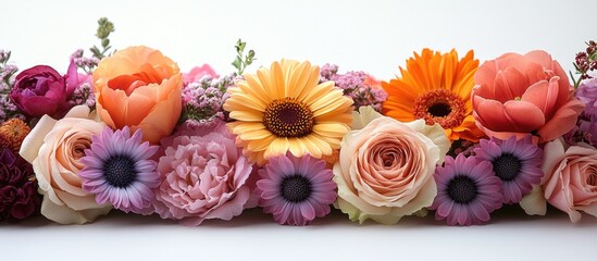 Aufkleber - Colorful floral arrangement featuring a variety of roses daisies and other blossoms on a white background with Copy Space.