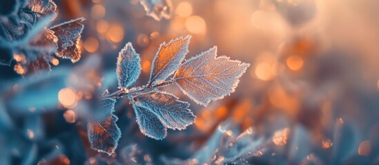 Aufkleber - Frosted leaves with soft focus bokeh background in warm tones and detailed ice crystals on edges with Copy Space