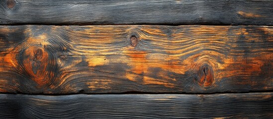 Aufkleber - Textured wooden planks with blackened and charred surfaces showcasing natural grain patterns and warm tones. Copy Space.