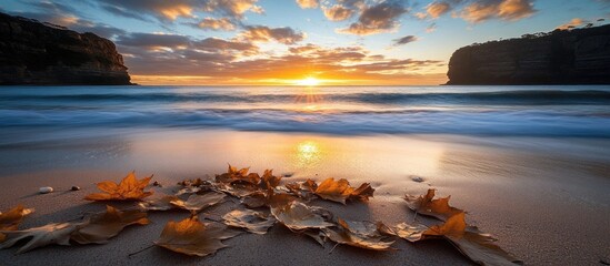 Aufkleber - Autumn leaves on sandy beach during sunset with gentle waves and dramatic cloudscape in the background Copy Space
