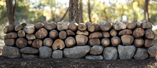 Aufkleber - Stacked wooden logs and stones forming a natural boundary in a forested area with blurred background and warm lighting Copy Space