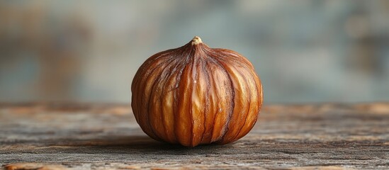 Poster - Ripe chestnut on a rustic wooden table with blurred background Copy Space