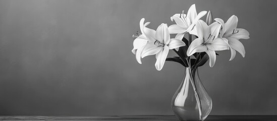 Poster - White lilies in a clear glass vase on a wooden surface against a gray background with ample Copy Space for text.