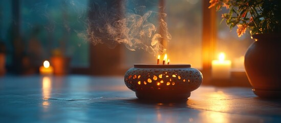 Aufkleber - Incense holder with smoke and candles in a softly lit cozy indoor setting with a flower arrangement and warm ambiance. Copy Space