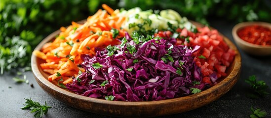 Aufkleber - Freshly chopped vegetables in a wooden bowl including purple cabbage, carrots, cucumbers, and tomatoes with herbs on a dark background Copy Space