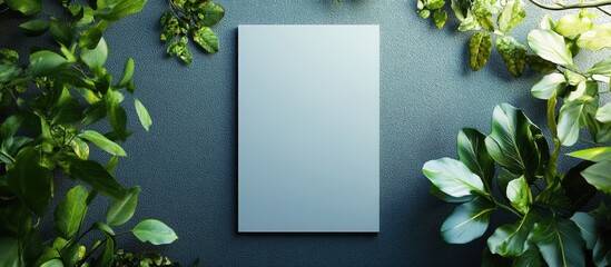 Poster - Blank vertical canvas surrounded by lush green leaves on textured surface suitable for adding text or design Copy Space
