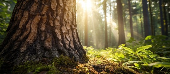Poster - Tree trunk in forest with sunlight filtering through foliage creating a tranquil outdoor scene with rich greenery and natural textures Copy Space