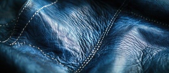 Sticker - Close-up view of textured blue leather with visible stitching details and natural creases for reflective surface analysis Copy Space