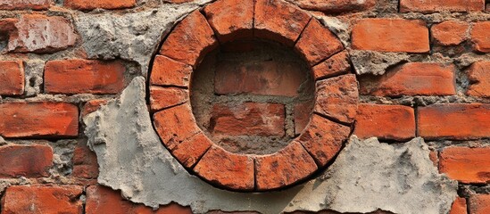 Poster - Brick wall with circular masonry feature and rough plaster texture showcasing weathered red bricks and aged surface details Copy Space
