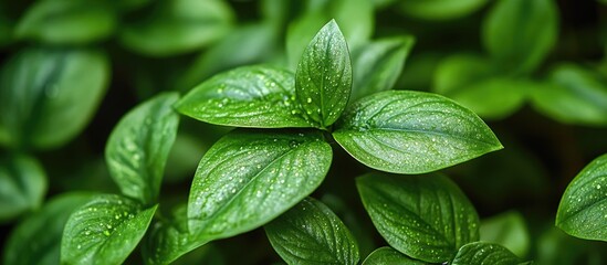 Poster - Close-up of lush green leaves with water droplets on a blurred background with Copy Space