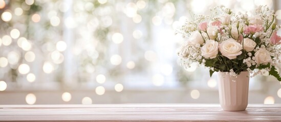 Poster - White and pink flower bouquet in white vase on wooden table with blurred bokeh background and copy space for text