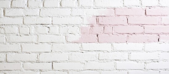Poster - Textured white brick wall with a patch of light pink paint showing signs of wear and unfinished artwork, suitable for background use. Copy Space
