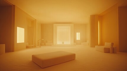 Fototapete - A bright and elegant room with pure white furniture and walls, creating a serene and clean atmosphere. Soft lighting adds warmth and comfort to the minimalist space.