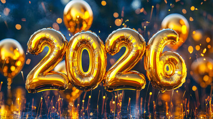 Poster - Balloon numbers representing 2026 shine brightly in a celebratory setting with festive lights and a joyful ambiance