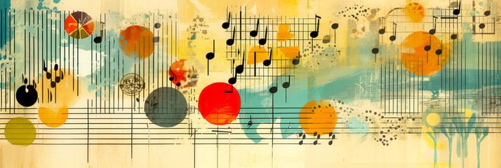 Aufkleber - An abstract artwork featuring musical notes and vibrant circles arranged on a soft, textured backdrop, creating a lively atmosphere