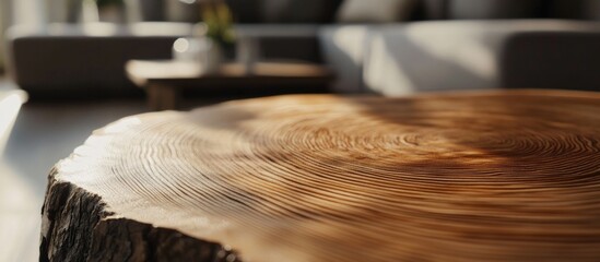 Aufkleber - Close-up of wooden slab with natural grain texture in modern living room interior with blurred furniture in background Copy Space