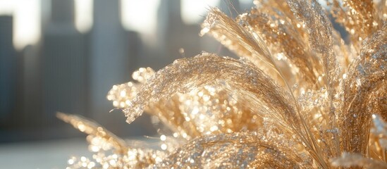 Poster - Golden pampas grass close-up against a city skyline with a blurred background and soft light Copy Space