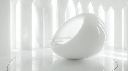 Fototapete - A bright and elegant room with pure white furniture and walls, creating a serene and clean atmosphere. Soft lighting adds warmth and comfort to the minimalist space.