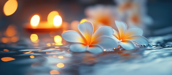 Aufkleber - White flowers with yellow center floating on water surface beside blurred candles in soft focus background Copy Space