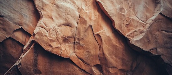 Poster - Textured close-up of natural rock surface with warm earthy tones and layered patterns suitable for background design and copy space.