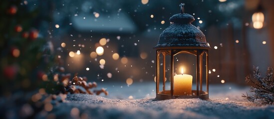 Poster - Snowy outdoor scene featuring an illuminated lantern surrounded by snowflakes and soft bokeh lights in the background Copy Space