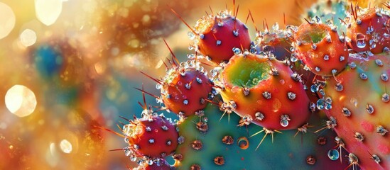 Poster - Close-up of prickly pear cactus with colorful fruit and water droplets against a blurred colorful background Copy Space