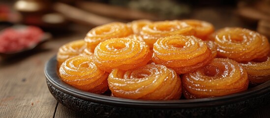 Aufkleber - Traditional Indian sweet dessert arranged on a decorative plate with a rustic wooden background and additional ingredients visible in the scene.