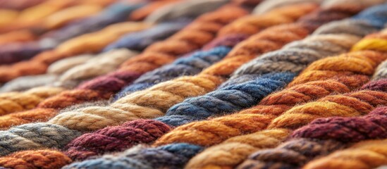 Aufkleber - Textile background with colorful braided fabric strands in shades of brown, orange, blue, and yellow, detailed texture view, Copy Space.