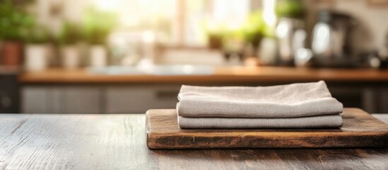 Poster - Linen towels neatly folded on a wooden cutting board in a bright kitchen with plant decorations and soft natural light Copy Space