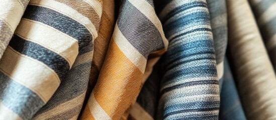Poster - Close-up of various woven fabrics with colorful striped patterns in shades of blue, beige, and yellow showcasing texture and depth